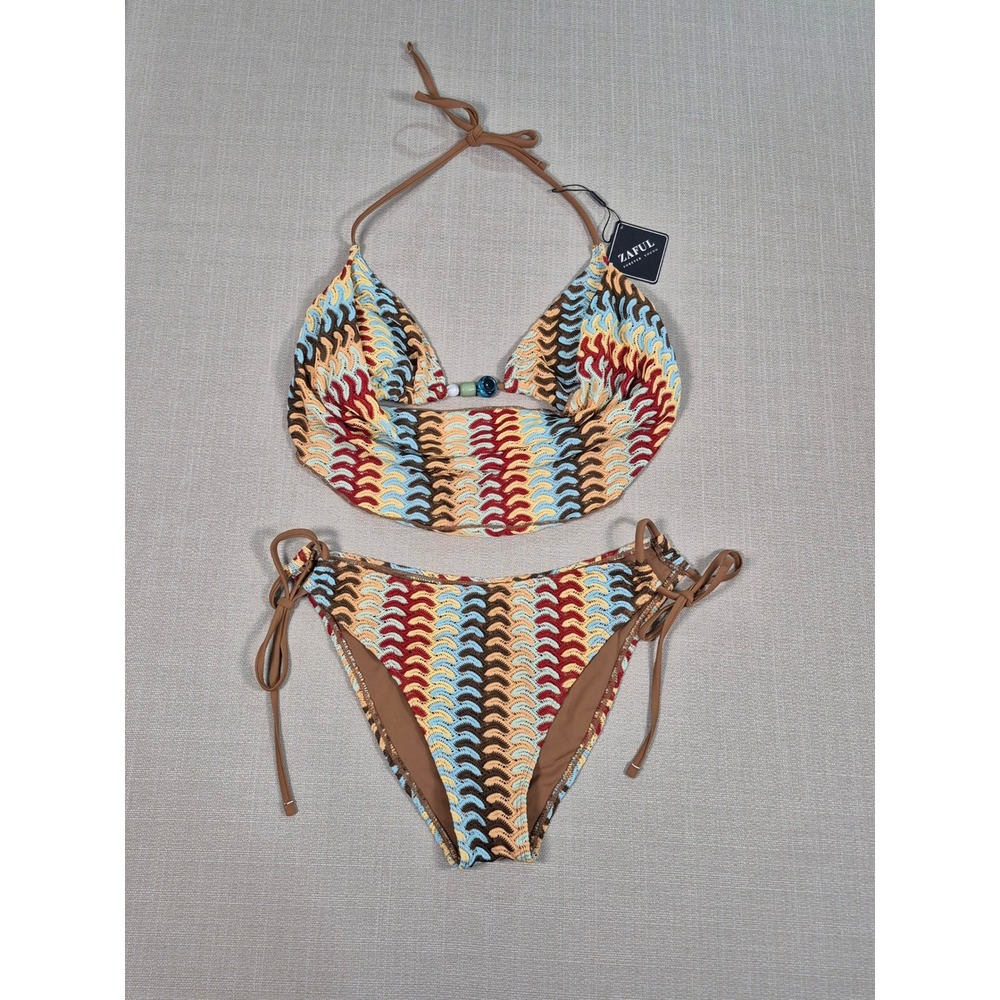ZAFUL Womens Two Piece Bikini Set Triangle Halter Cowl Neck Swimsuit L - Picture 2 of 11